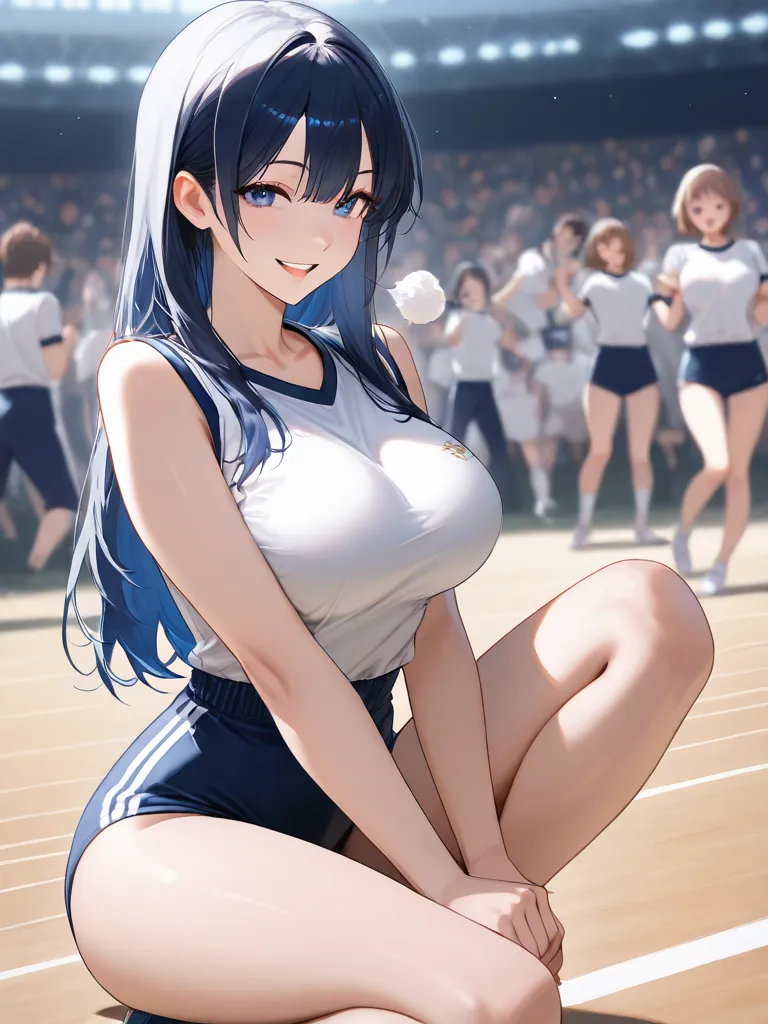 masterpiece, High Resolution, anatomically correct, blurry background、 Games、tall beauty、two different beautiful girls、 gym clothes、navy blue bluma、beautiful face、A beautiful mouth、 beautiful body、Beautiful breasts、cool legs、slender arms、sexy, above knee s...