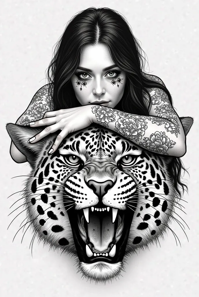 A black and white tattoo-style illustration of a woman resting her arms on the head of a roaring leopard. The woman has long dark hair, freckles, floral tattoos on her arms, and stars around her eyes. The leopard has heart-shaped spots and a heart-shaped n...