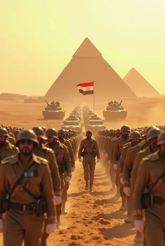 Prompt for Cinematic Realistic 3D Artwork:

"Create a highly realistic, three-dimensional, wide-angle cinematic photo of the Egyptian army in front of the pyramids. The scene is set in the vast golden desert, with the iconic pyramids of Giza visible in the...