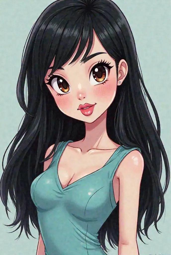 Create a slay girl with drawings like cartoon characters from Scooby-Doo movie, she has long straight black hair and no bangs, pinkish white skin, larger upper lip is larger and has a light pink color, brown eyes, wear a stylish light blue dress.