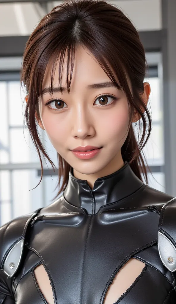 high quality, masterpiece,  black hair、 beautiful age girl , skinny, small skinny girls,  cute girl face, Cyberpunk, Wearing futuristic robotic tactical armor Cyberpunk suit with cutouts showing abs,   athletic body  , Innocent,  playful, famous Japanese a...