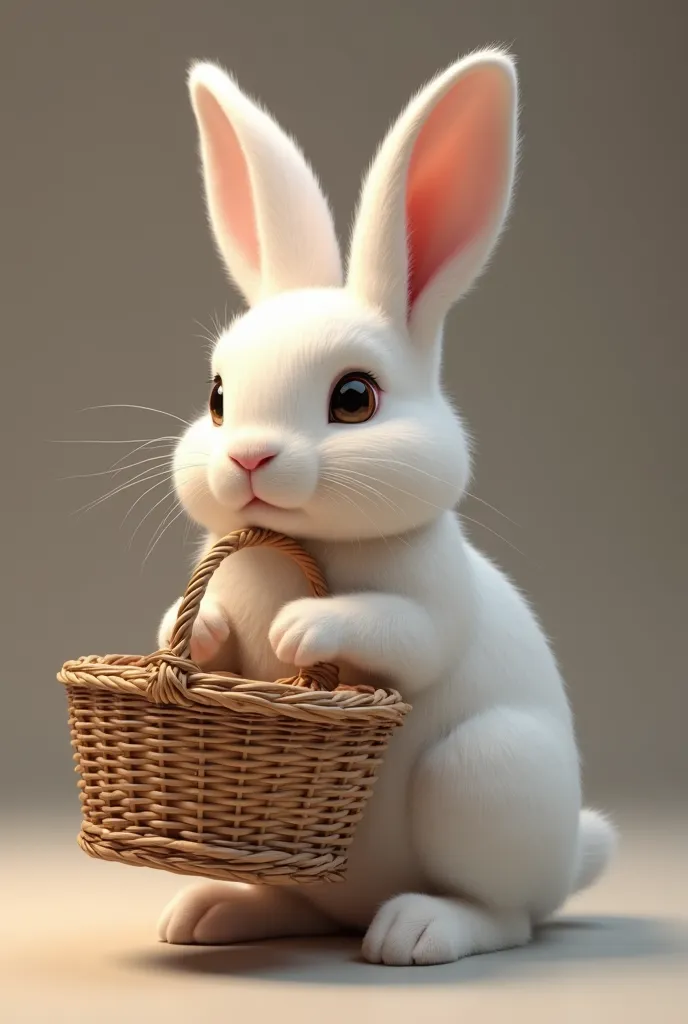 hiperealistic portrait of a white rabbit. He holds a wicket basket. soft lighting,(full body image:1.5), simple background
