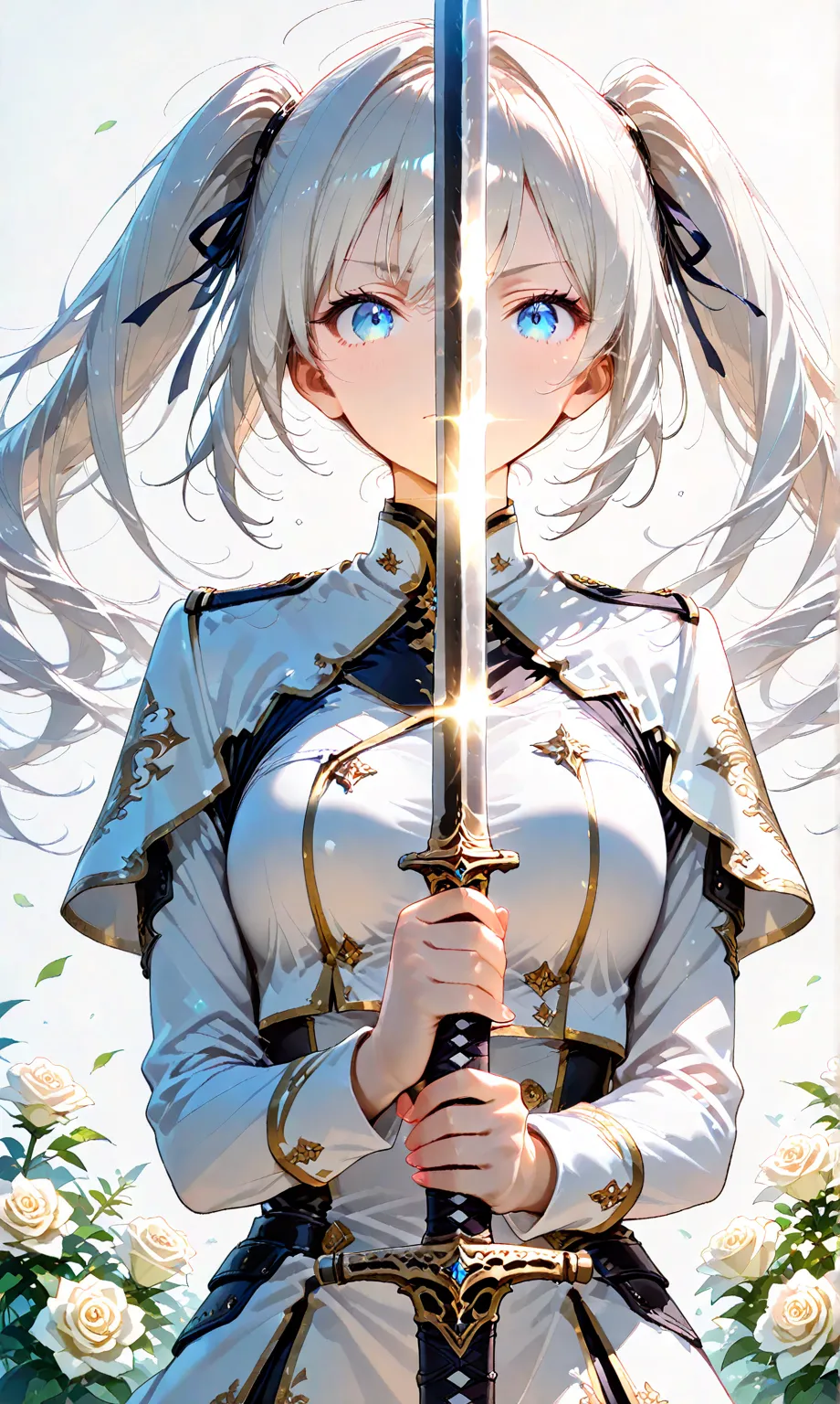 best quality, ultra-detailed, newest, close-up, (Watercolor: 0.4), (Pastel: 0.6), one girl centered in frame, jet black long twin tails with faint white highlights tied with a ribbon, knight in a white rose military uniform, blue eyes, thrusting a katana u...