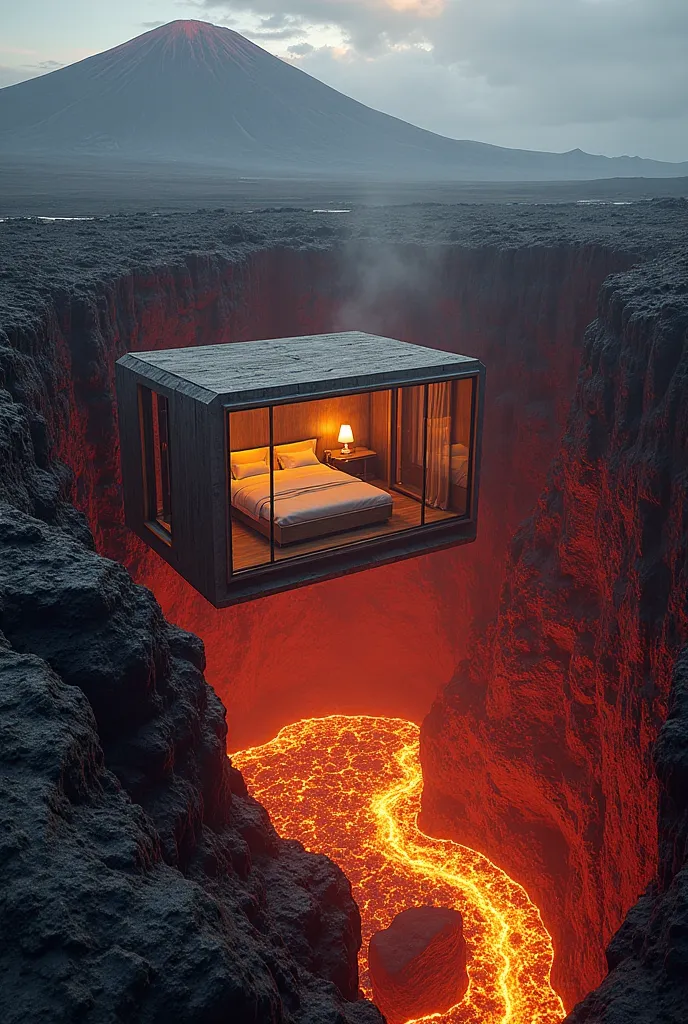 Create a 5 star hotel room in the Active Volcano in Mount Fuji which is in the volcano and is held by 2 supports. Large room which is closed on all sides 