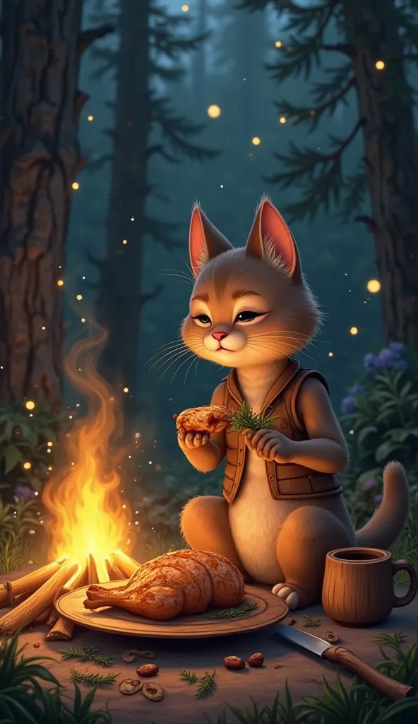 

"An anthropomorphic cat sitting by a crackling campfire in the middle of a dense forest, enjoying a roasted rabbit on a wooden plate. The cat has soft fur, wears a small vest, and holds a piece of the golden-brown meat with a satisfied expression. The fi...