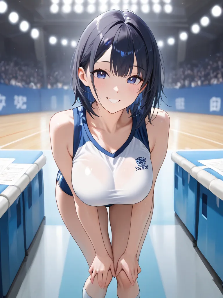 masterpiece, High Resolution, anatomically correct, blurry background、 Games、tall beauty、two different beautiful girls、 gym clothes、navy blue bluma、beautiful face、A beautiful mouth、 beautiful body、Beautiful breasts、cool legs、slender arms、sexy, above knee s...