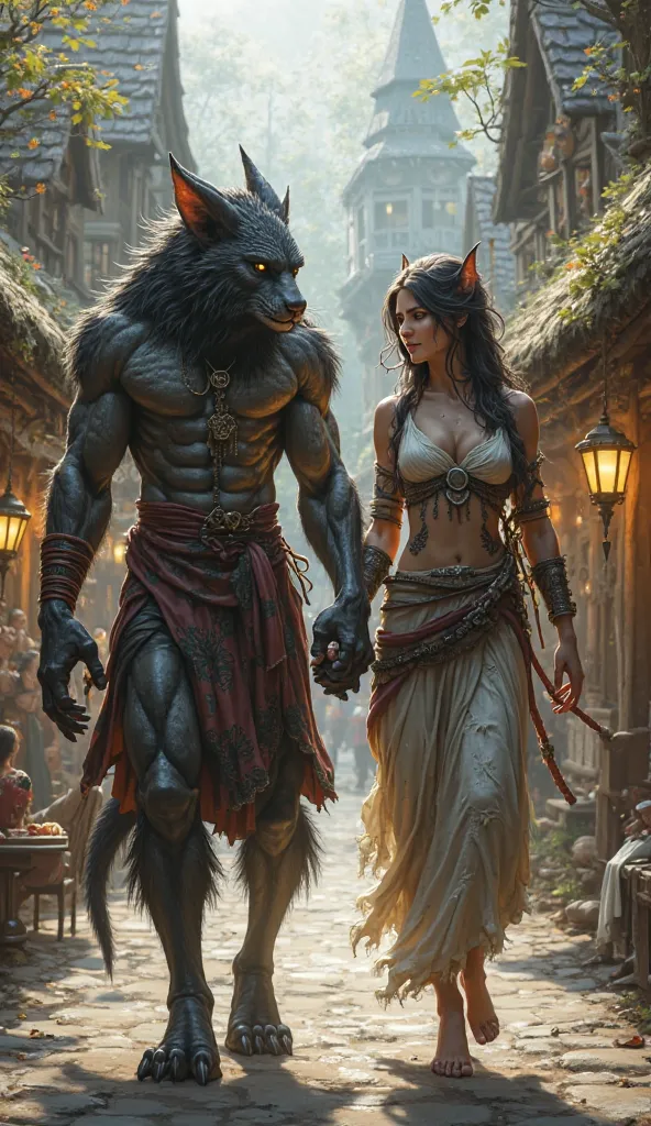 create an image of hot beast girl and beast man ware both are holding hands and walking background village and street