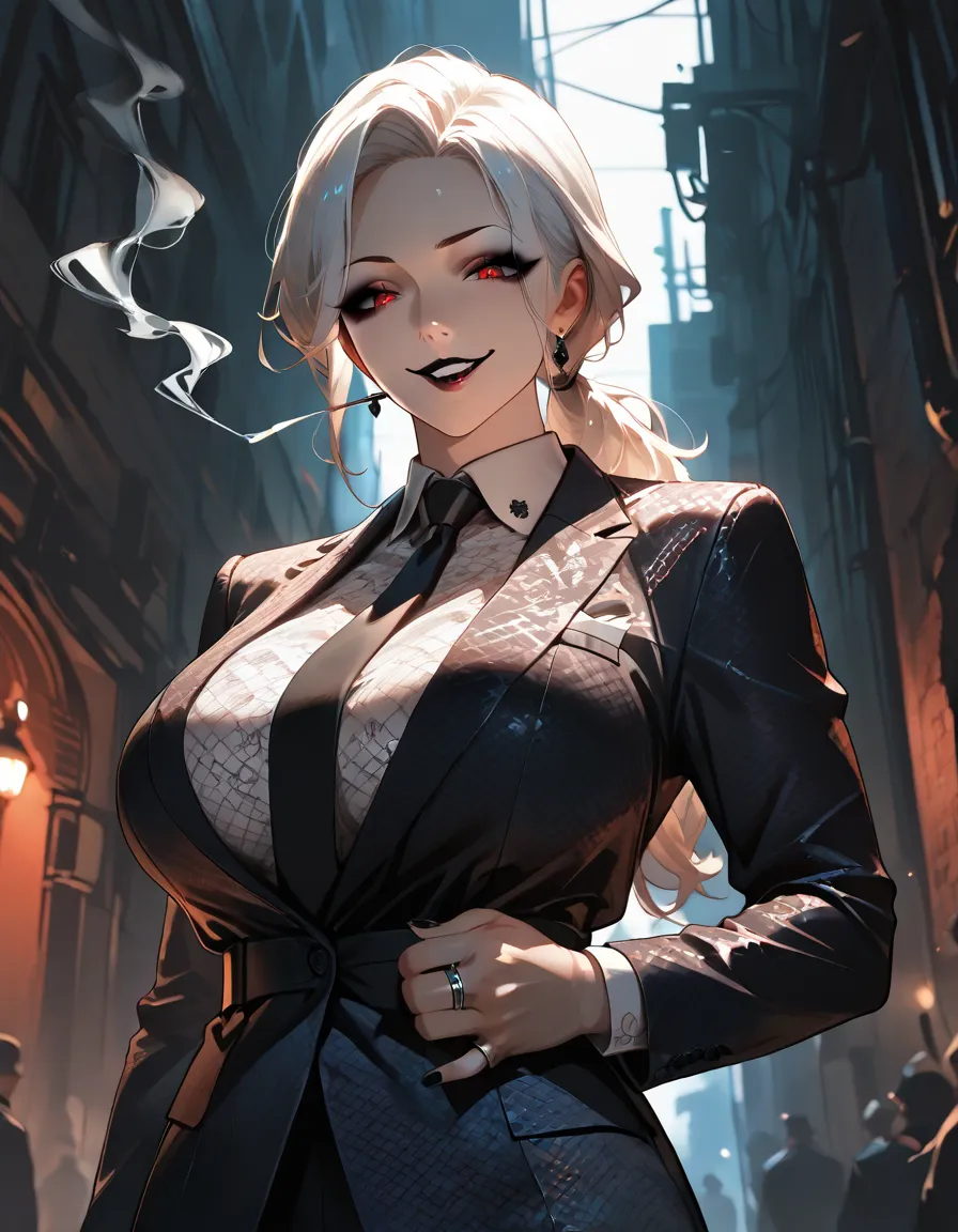 best quality, masterpiece, ultra-detailed, illustration, Italian Mafia, Mafia woman, Mature woman, red eyes, White hair, Ponytail, looking at viewer, (evil smile), heavy eyeliner, (wearing a suit), Body tattoos, bold patterns, dramatic makeup, black nail p...