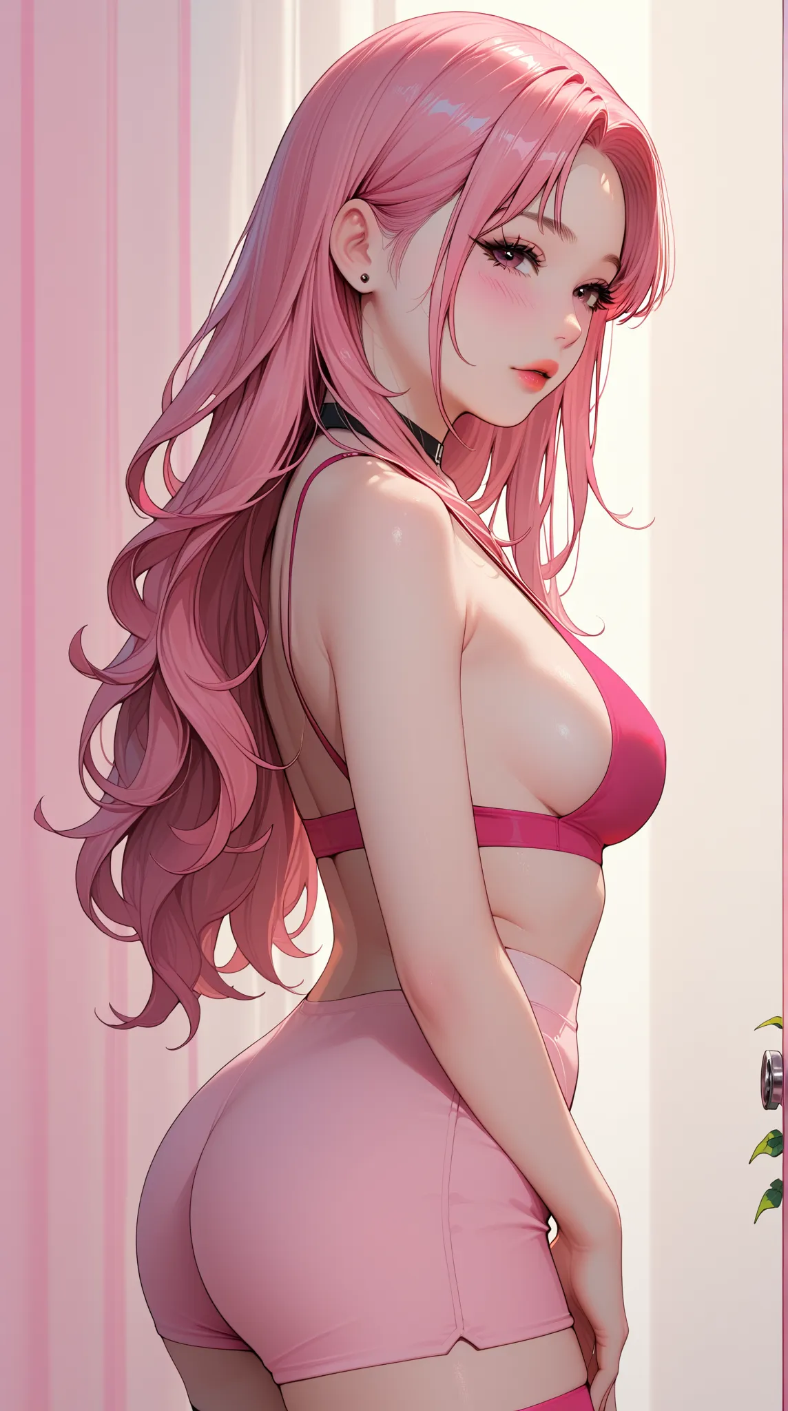 pink hair, pale skin, young korean girl, revealing clothes, sexy, submissive, voluptuous, big breasts, big butt, long hair, yoga shorts, blushing, flirting ((Linear Manga Style)) (*she's made of naughty, hot girl*), no background, colorful background, 