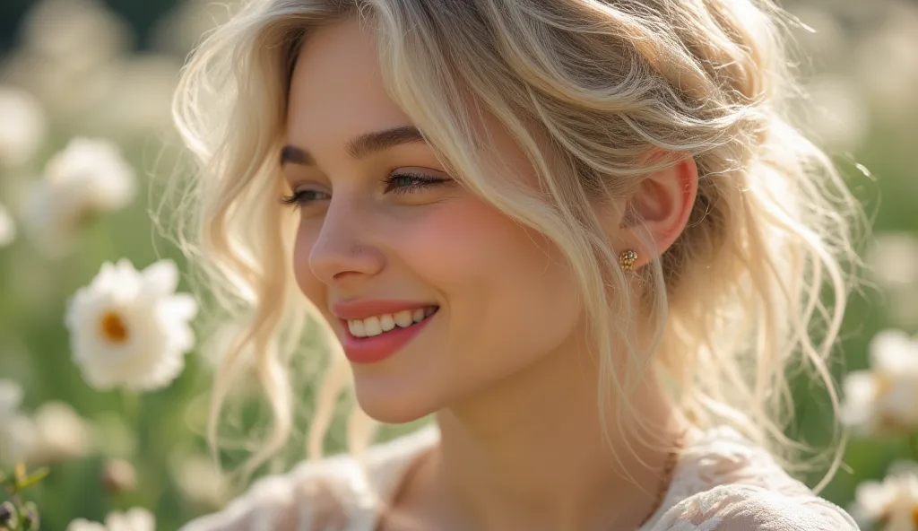 32K,  masterpiece, top quality, ((woman)) blond with a big face, russian, white skin,  rosy cheeks , Natural Cosmetics,  nude lipstick ,necklaces, earrings, disheveled hair, Profile, blurry background. surrounded by white flowers ， big smile 