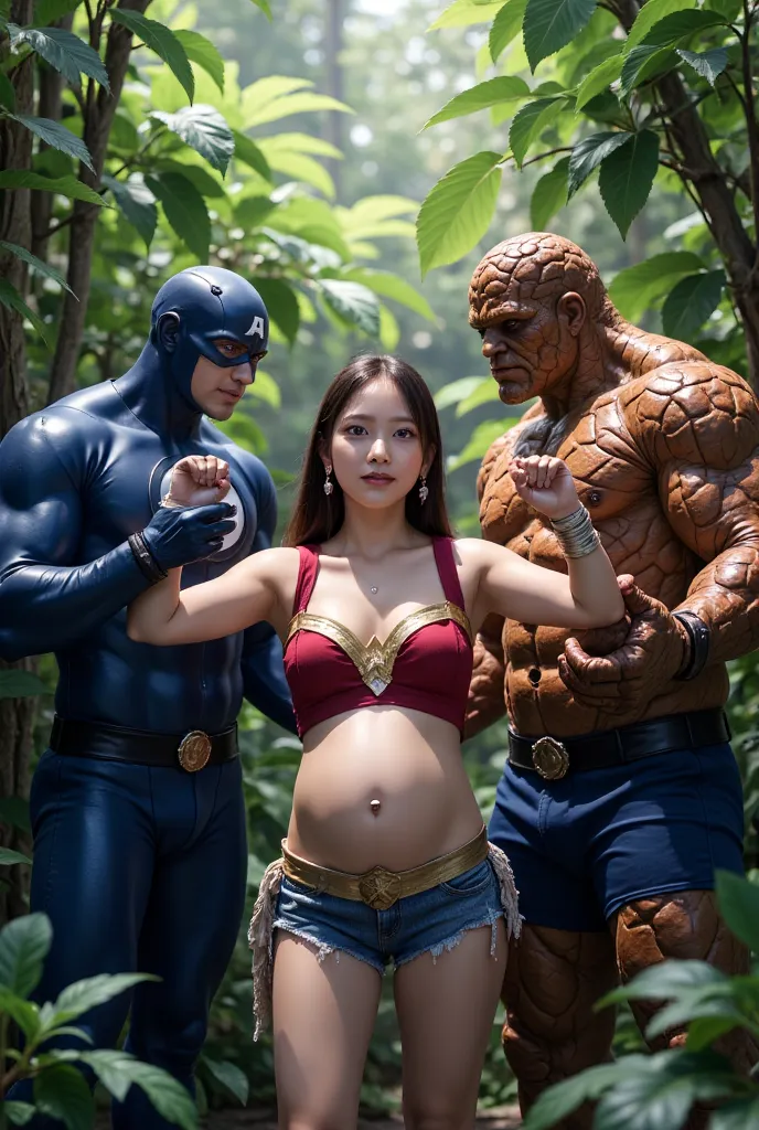 All member of the fantastic four touching the body of a young pregnant asian woman, tied-up hair, wearing a wonder woman costume, her hands in the air, location in the jungle, no ear rings, 