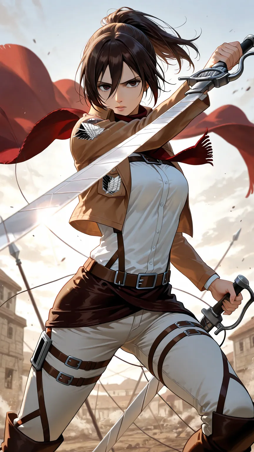 "Create a stunning image of Mikasa Ackerman from Attack on Titan. She has a strong, confident expression with dark brown hair tied in a ponytail, wearing a Survey Corps uniform. The background shows a dramatic battle scene, with Mikasa standing tall, holdi...