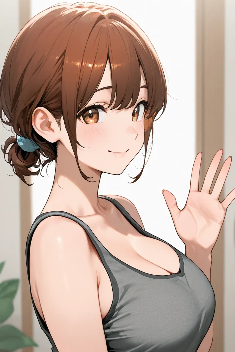 high texture,solo,hidden hair,older sister,random hairstyle,random hair color,  tank top, large breasts  ,smile,Offering a comforting smile, Waving