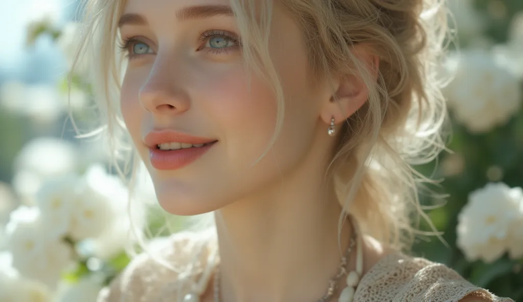 32K,  masterpiece, top quality, ((woman)) blond with a big face, russian, white skin,  rosy cheeks , Natural Cosmetics,  nude lipstick ,necklaces, earrings, disheveled hair, Profile, blurry background. surrounded by white flowers ， big smile 