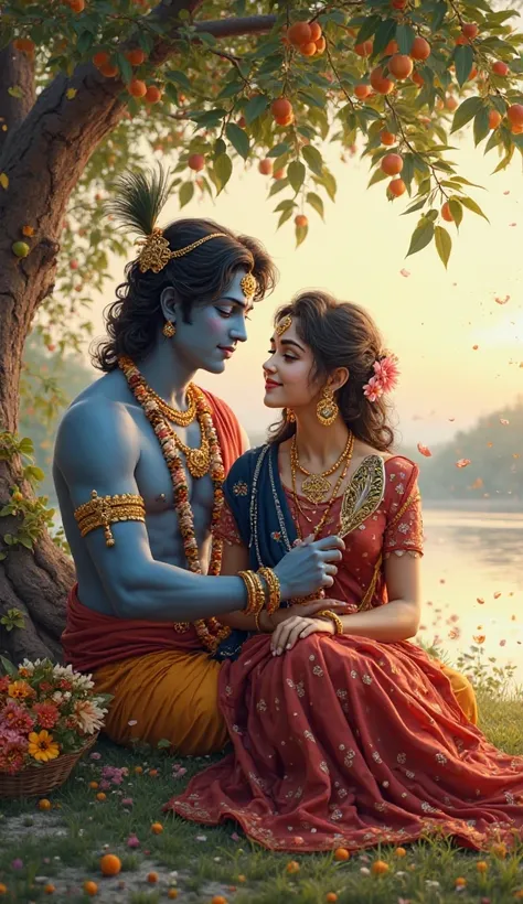 breathtaking, ultra-realistic digital painting of Radha and Krishna in a serene, romantic setting under a lush fruit-laden tree. Radha is seated gracefully on the grass, wearing a deep red lehenga with intricate golden embroidery, and a navy blue dupatta a...