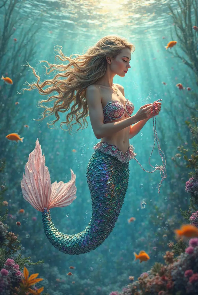 A mermaid crocheting 