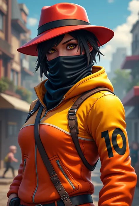 Free Fire game character wearing an orange and yellow sweater with the number 10 on the side of his shoulder, black scarf around his mouth and a red hat 
