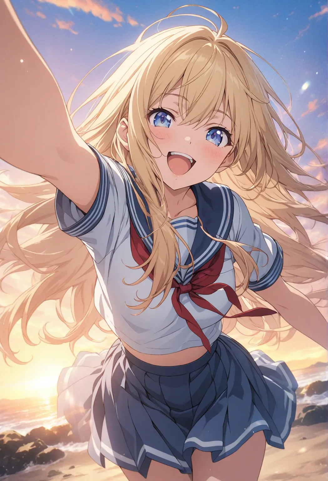 masterpiece, top quality, Highly Detailed CG Unity 8k Wallpaper, 20 year old girl anime illustration. attractive pose、Close your eyes、are open, smile.  The background is a pastel-colored landscape,  Blonde Color ,long hair around the chest、hair fluttering ...