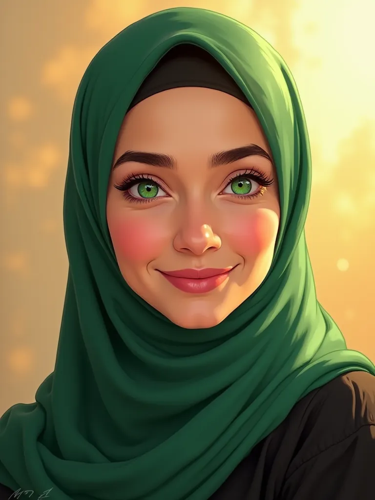 a woman wearing a green scarf and a black shirt, professional profile picture, arab ameera al taweel, headshot profile picture,Painting,hijabDisney-style, (youthfullik: 1.1), youthful , green eyes, He was smiling, closing his lips. (sunlight: 1.2), shiny, ...