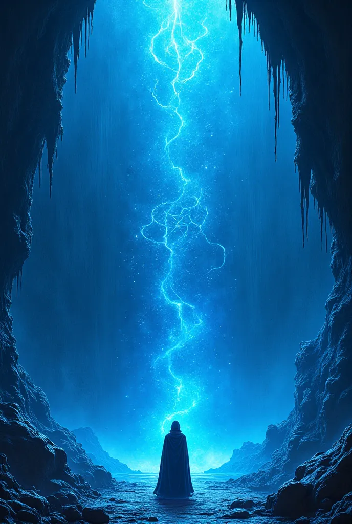 Generate Kashchei's cave, reflecting his power, In blue tones, mystery  2:1 format