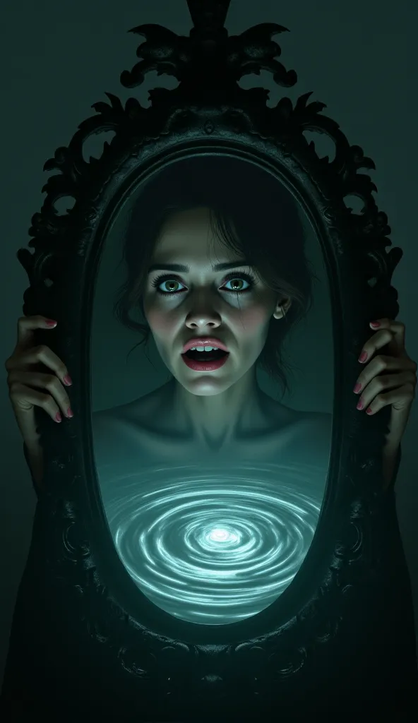 The woman, frozen in fear, watching as the mirror's surface starts to ripple.
