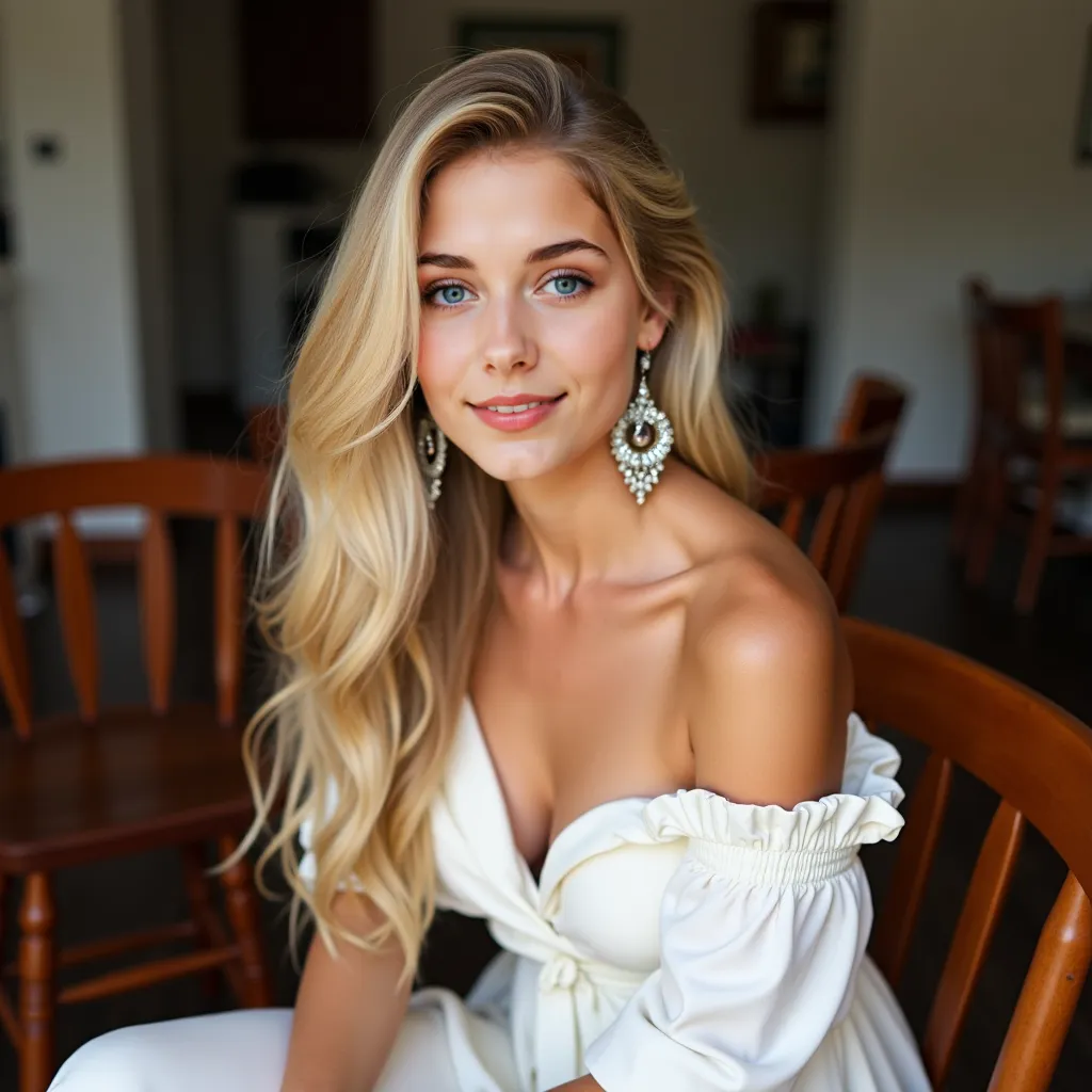 a 27-year-old girl , sitting on a wooden chair, wearing a white dress, sophisticated earrings, a red lipstick,  Her hair is long and blond , your eyes are light green, She has a beautiful and soft smile on her face 