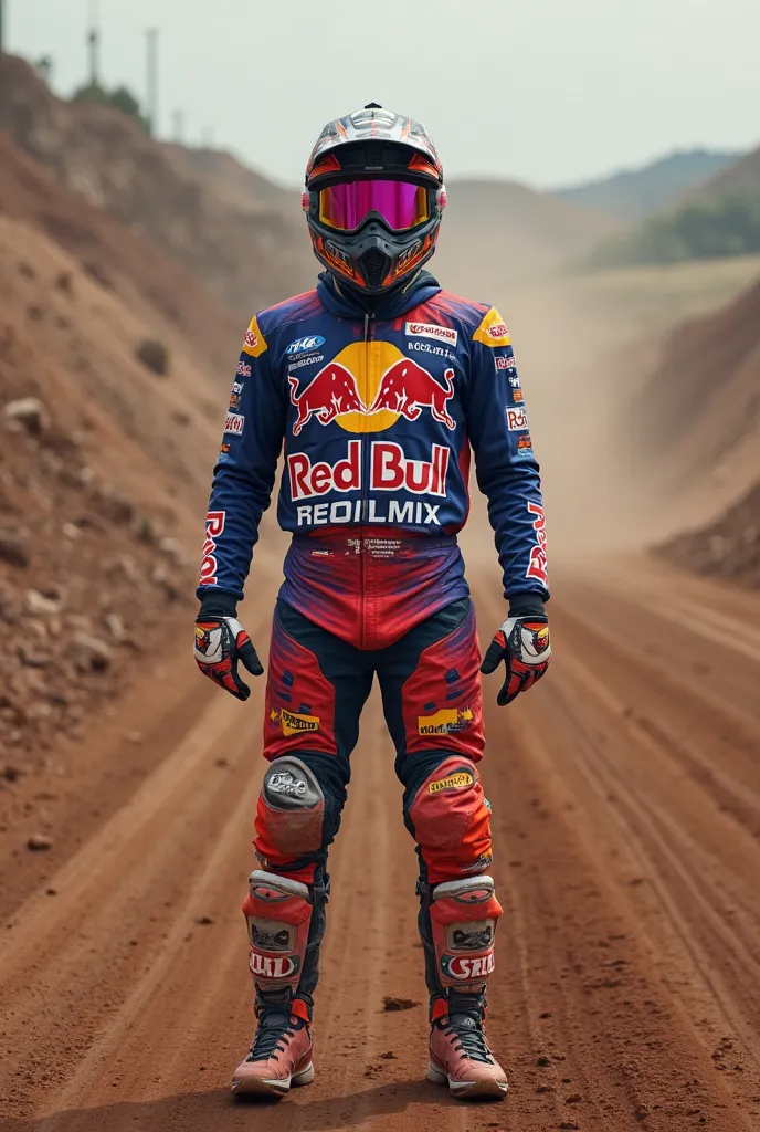 motocross racer walking his equipment redbull and his name NICA on his chest, background motocross track, looking at the camera, wearing motocross helmet, motocross goggles, motocross gloves