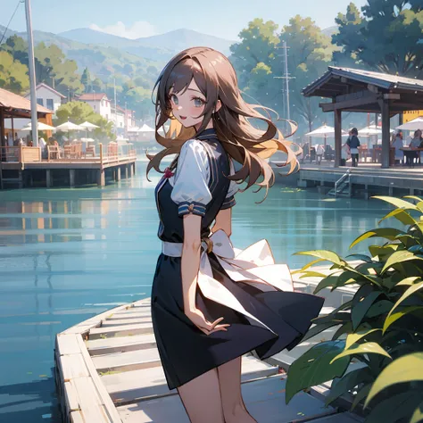 (extremely detailed CG,cute girl), [Upper body, Happy, Despair:0.6], (Idol, Idol outfit), Lakeside, Live stage, Village, great view, summer, American comics, Midgard