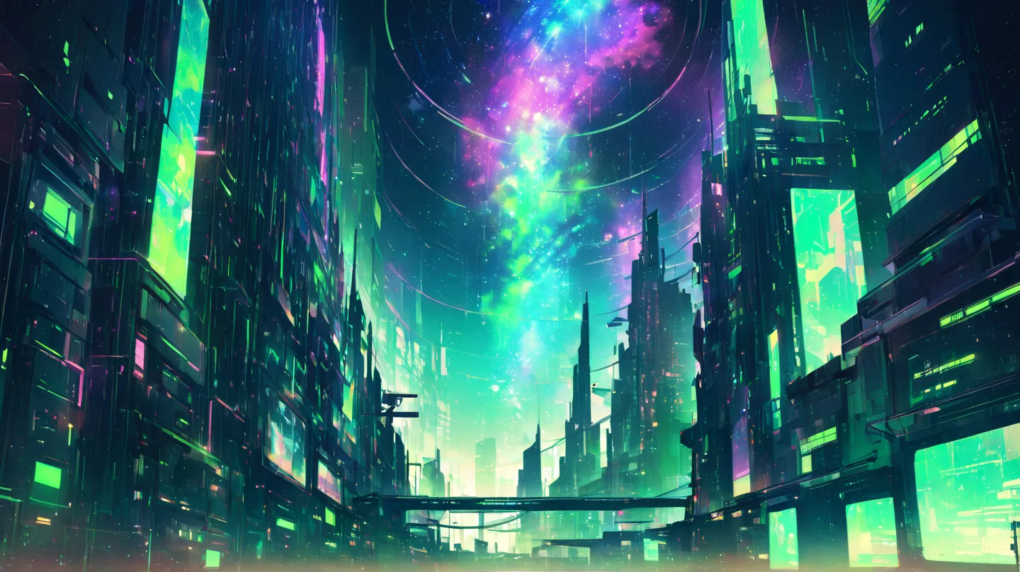 top quality, background only,Cyberpunk, Midnight city , Stars and Galaxies, Photographed as if looking up from below a building,  based on blue and green