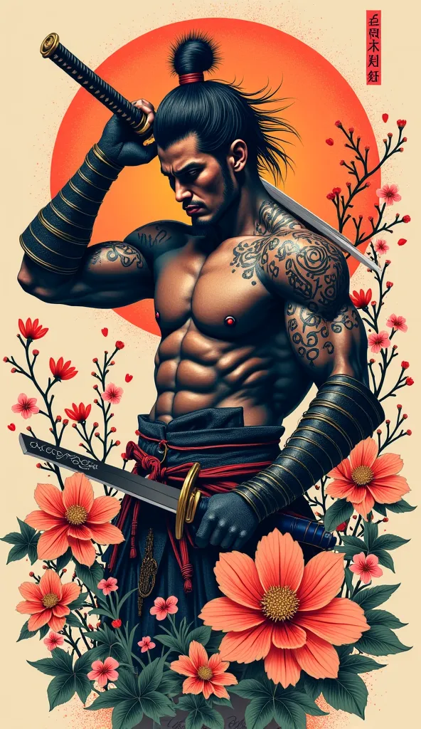 tattoo ,Japan  , samurai, flower ,sward, back of the man,high definition, Realistic Textures, Masterpiece, high definition, high definitionสุด, Realistic Textures, 