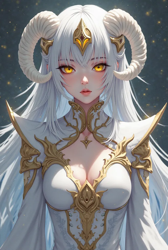 Create an image of overlord Albedo in his signature white and gold dress, her white horns curled under her head and yellow eyes.  on its side, Anos Voldigoad wearing a white outfit with light blue details similar to a uniform 