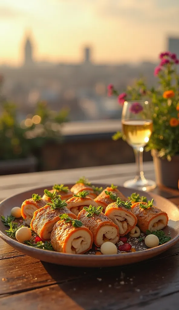 Hgraphic elements, Dynamic Light, Cinematics, HDR, UHD, professional PHOTOGRAPH OF:

"Rooftop Dining Delight": Set the scene with the Italian spiced chicken rolls elegantly arranged on a rustic, wooden table with a panoramic cityscape in the background dur...