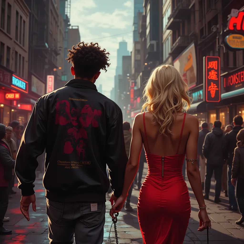 realistic image from behind of a black boy walking down the street with a blonde MILF with a big ass and elegant red dress very suggestive. He is dressed like Thug and has curly hair