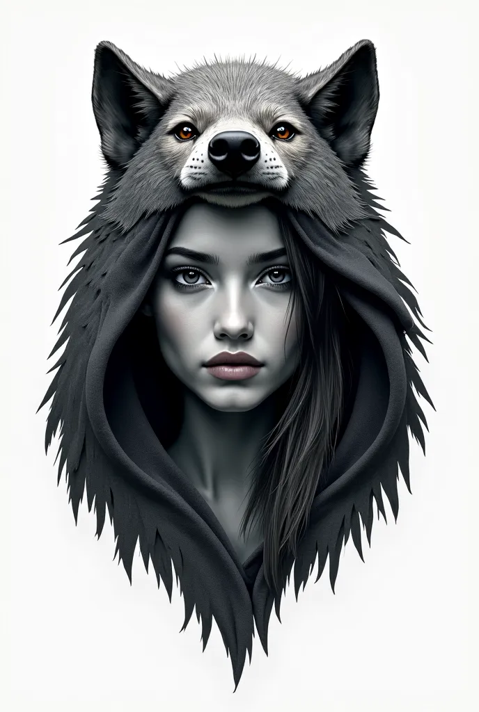 A logo of a woman wearing wolf skin, The head of the beast is used as a hood for the young woman