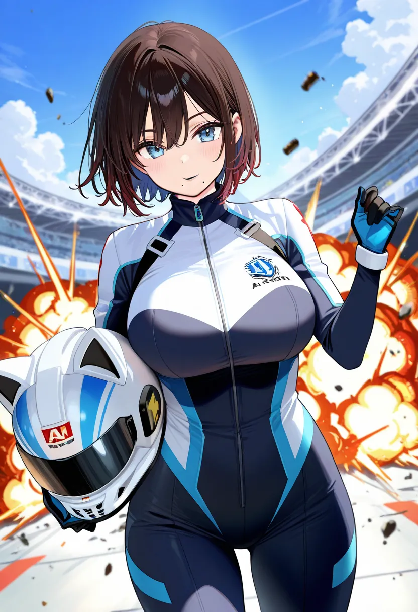 score_9,score_8_up,score_7_up,rating_safety,source_manga,masterpiece,best quality,hyper detailed,super fine illustration,8k,front angle,BREAK 1woman,solo,31yo,(Hero helmet),(brown hair,short hair),(light blue eyes),(a mole under mouth),(big breast:0.7),(He...