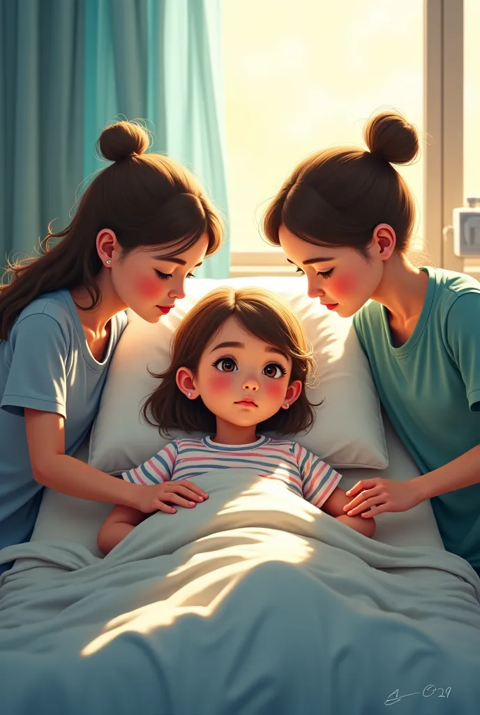 Create an image of a age girl who is sitting on a hospital bed while her other two friends are taking care of her 