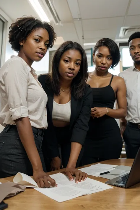 CREATE AN IMAGE OF BLACK PEOPLE IN THE OFFICE STANDING IN A GROUP WORKING