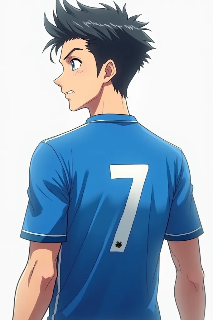 MAKE ANIME MALE CHARACTER LOOKING LEFT WEARING A BLUE JERSEY NAMED LIGHT AND THE JURSEY NUMBER IS 7