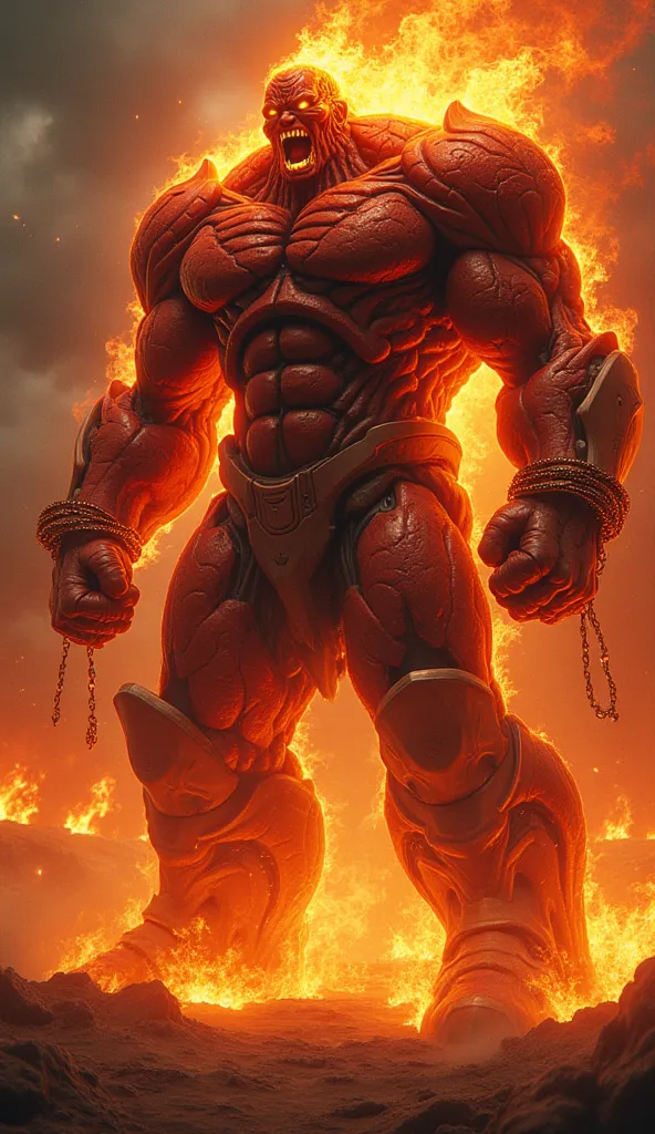 "The Hell Titan roars to life, his skin now a monstrous fusion of gamma-radiated muscle and blazing hellfire. His eyes glow with an infernal light, and chains, wrapped around his enormous arms, radiate with the power to bind even gods. Flames dance across ...