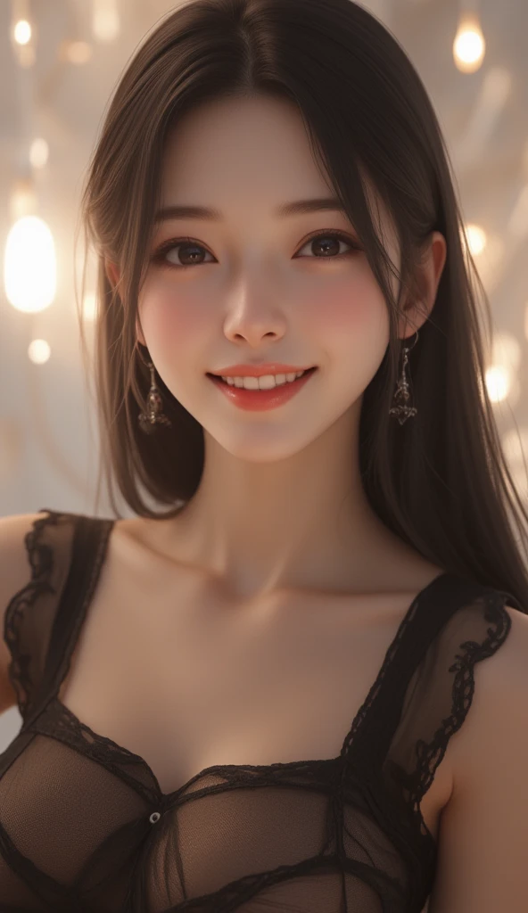 (  Super Cute Young Face  :1.1),(  Sparkling Clear Glamorous Eyes  :1.1), (Japanese idol's face :1.1),  Very Beautiful Cute Girl  ,,(18 years old:1.2),Delicate, smooth and soft long black straight hair, fair skin,(Happy and cheerful smile ),Professional Po...