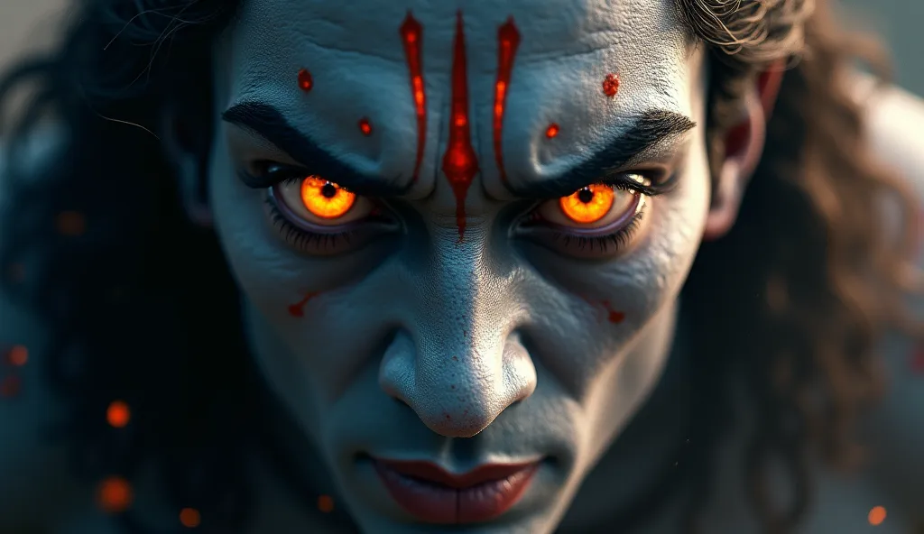 Close-up of Shiva’s intense eyes opening, determination and divine fury glowing within them.
