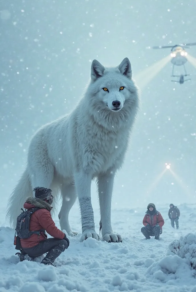 **Hyper-Realistic Image/Video Prompt:**  

The **massive white fox**, now **wrapped in thick bandages**, slowly rises to its feet on the **frozen wasteland**. Its **icy breath drifts into the cold air**, and its **wounded body, though weak, moves with newf...