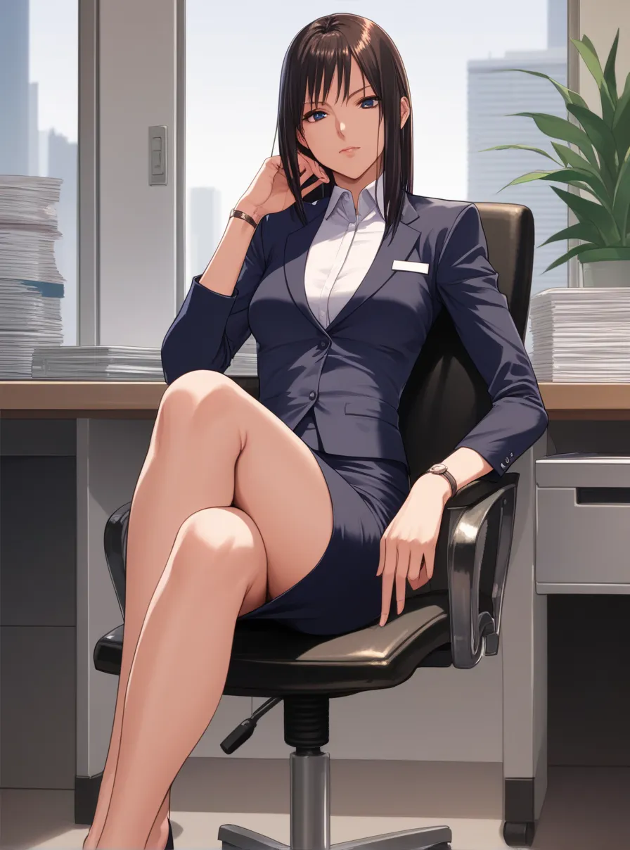 score_9, score_8, score_7, source_anime,
1girl,
excel, office lady, pant suit, pencil skirt,
solo, lazy, =_=, leaning back, chair, sitting, office