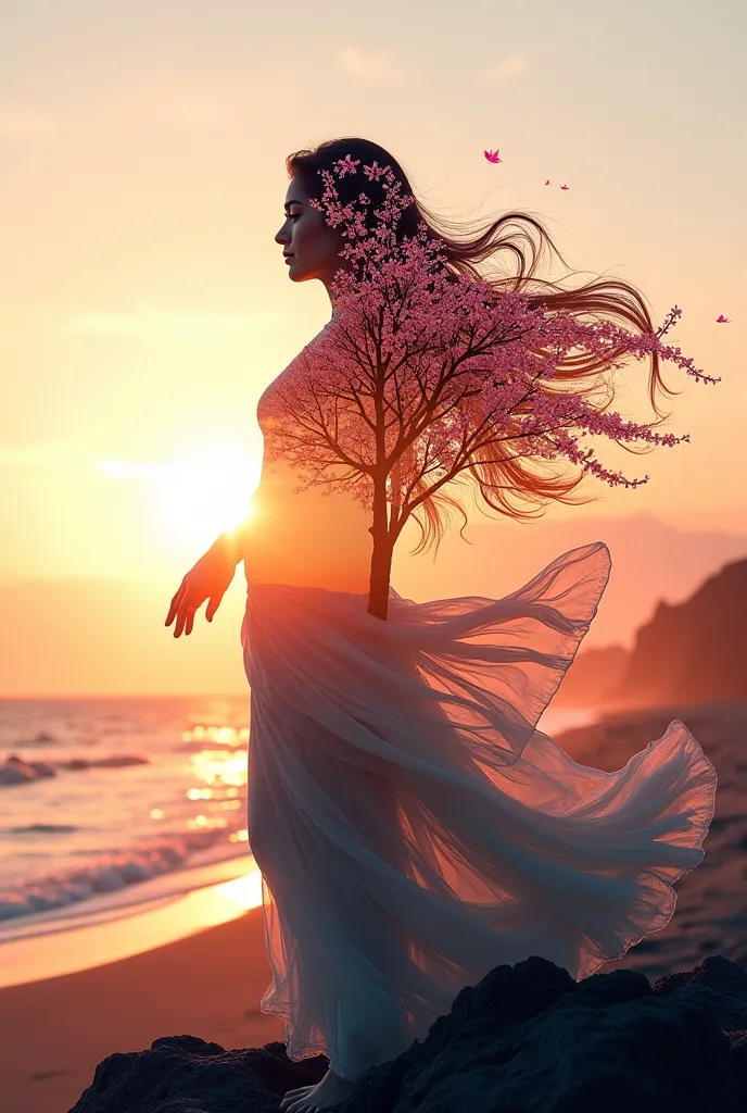 high quality, 8K Ultra HD, A beautiful double exposure that combines an goddess silhouette with sunset coast, sunset coast should serve as the underlying backdrop, with its details incorporated into the goddess , crisp lines, The background is monochrome, ...