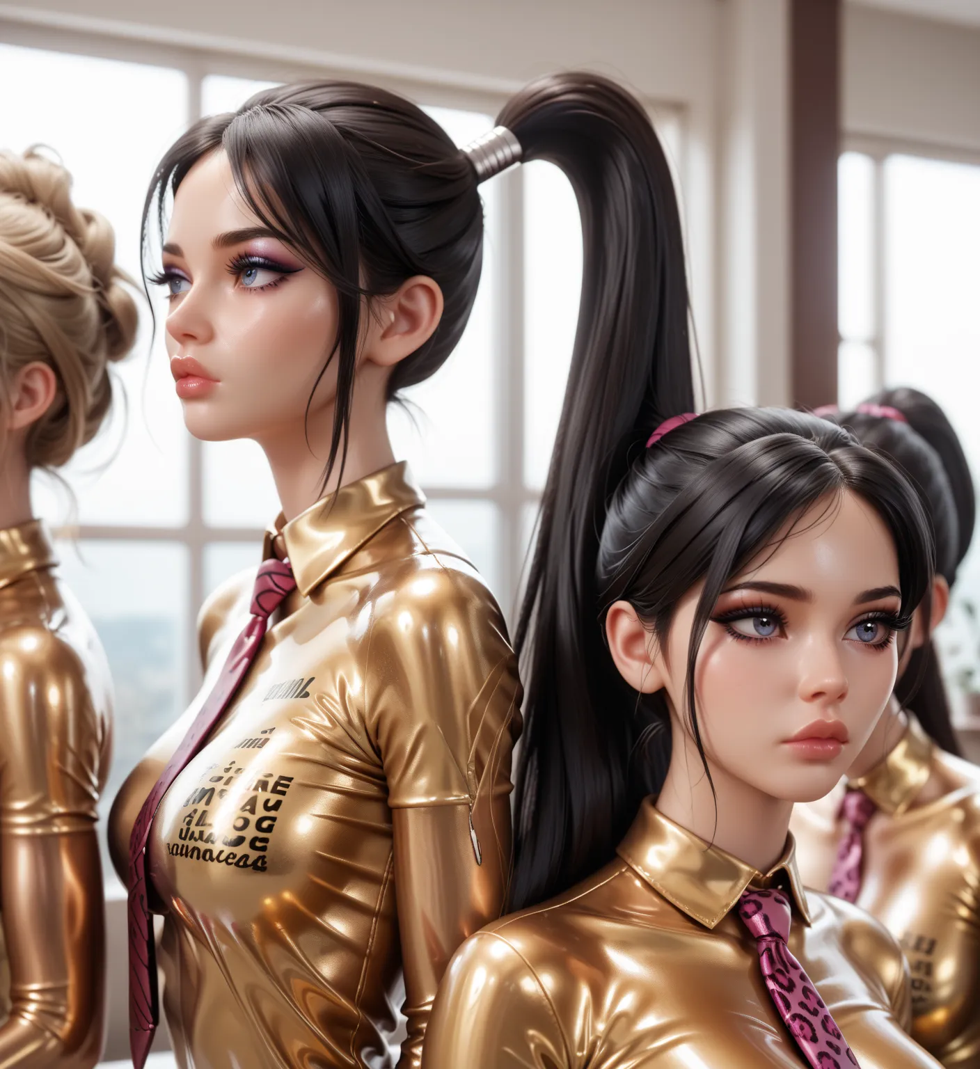 4 girls,  In extremely tight , Shiny golden latex polo shirt,  stand at the window in the apartment,  black hair ,   reflection  ,   reflecting light,  high resolution ,  masterpiece ,  expressionless eyes,   very strong shiny skin ,   very strong makeup, ...