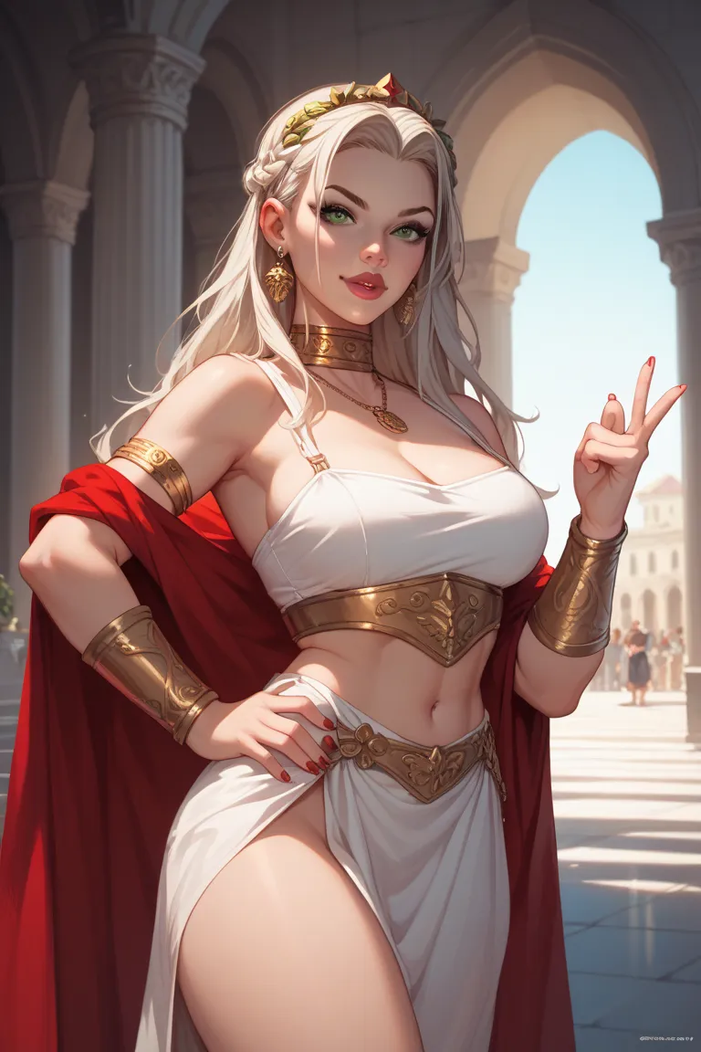 Make a young women in a Greek looking outfit that has a hair of red and a trickles with green eyes and with a huge guy in a knight that is color blackish gray. Like lovers gesture