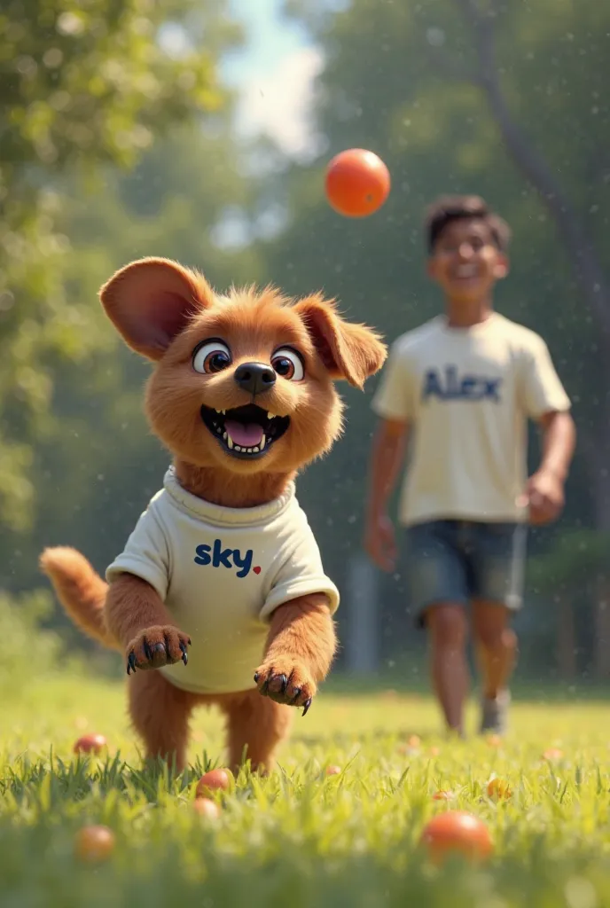 A brown medium size dog wearing a white tshirt written sky,  playing ball with his owner a mixed race man with a skinny body that is wearing a white shirt that is written Alex.