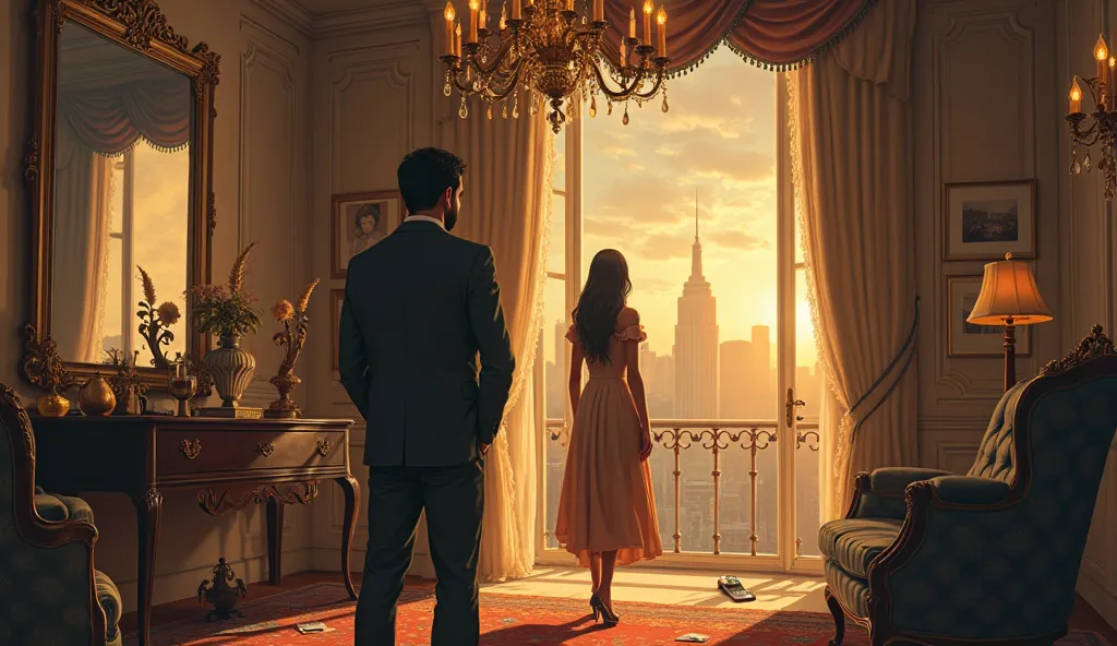 A beautifully illustrated digital painting in a warm, nostalgic, and semi-realistic art style, with a slightly aged, vintage feel. The scene takes place in a grand but now eerily quiet penthouse, where Azhar stands in shock, his once-proud posture now slum...