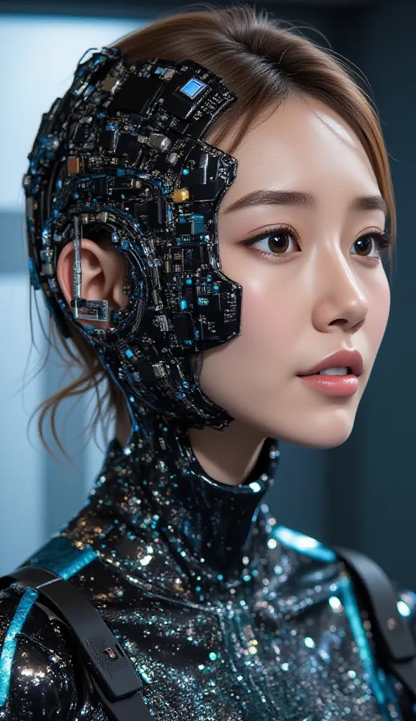 human profile composed of digital codes and electronic circuits with half a real face and half、It consists of a digital code and an electronic circuit.