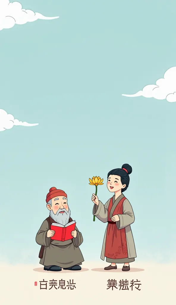 Two cartoon-style figures, Asian-looking, depicted in a light-blue sky background with white clouds. The figure on the left, positioned slightly off-center left, is middle-aged, wearing a red hat, gray-brown robe, and an apron.  He is holding a red book an...